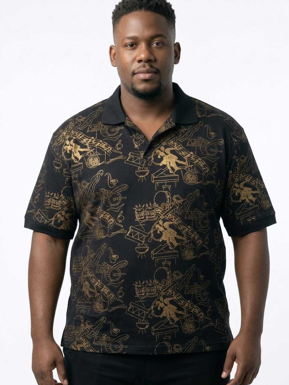 Men's Black Polo with Metallic Gold Allover Print